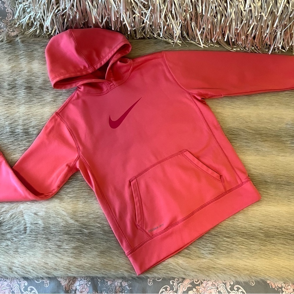 NIKE Hoodie Pink Swoosh Long Sleeve THERMA FIT Comfy L Fleece Lined